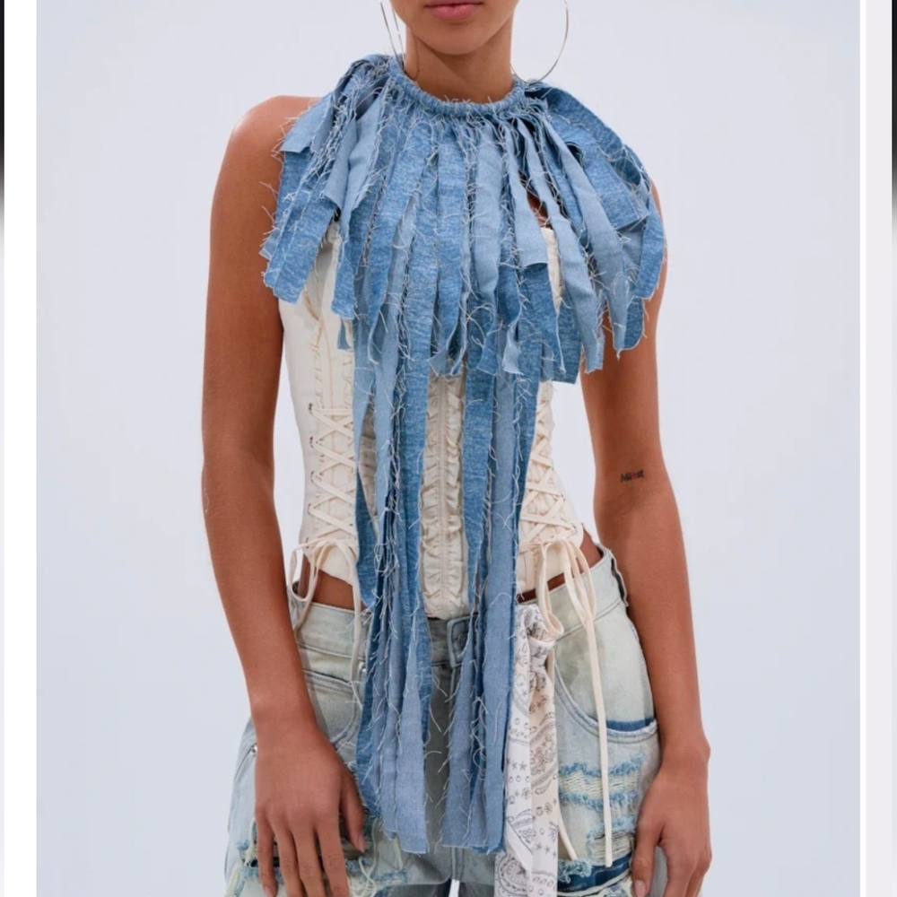 Blue Fringe Denim Necklace